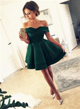 Picture of Green Satin Layers Off Shoulder Short Party Dresses, Green Homecoming Dresses Graduation Dresses